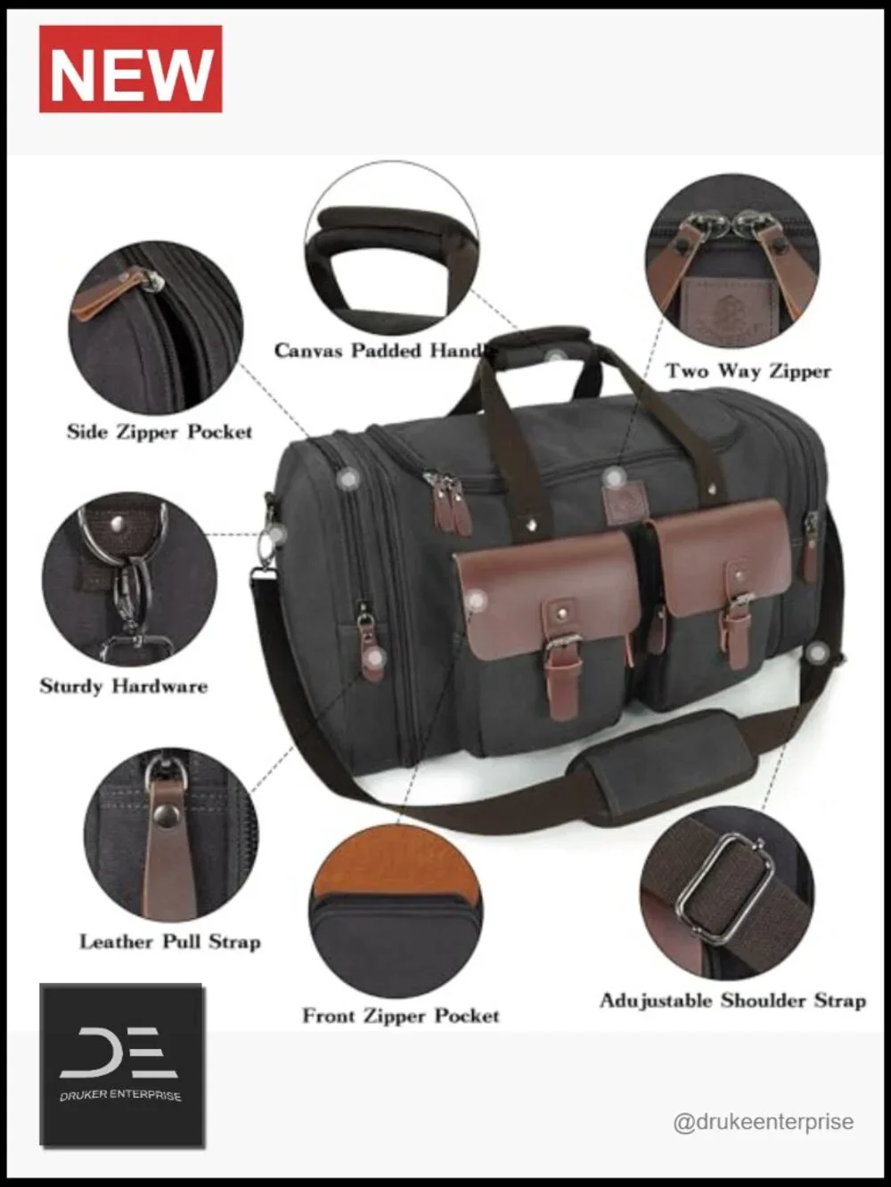 Canvas Duffel Bag 50L Expandable Travel Overnight Weekender Carry On